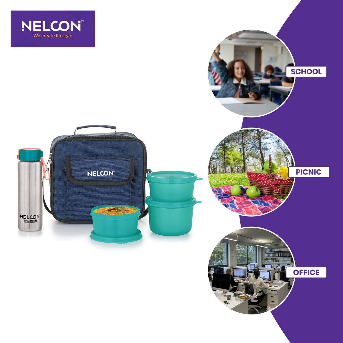 Rexo Lunch Bag with 350ml Bottle & 4 Tiffins - NelconIndustries