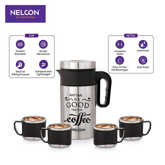 SavorBrew 1200ml Kettle with 4pc Cup Gift Set - Black - NelconIndustries