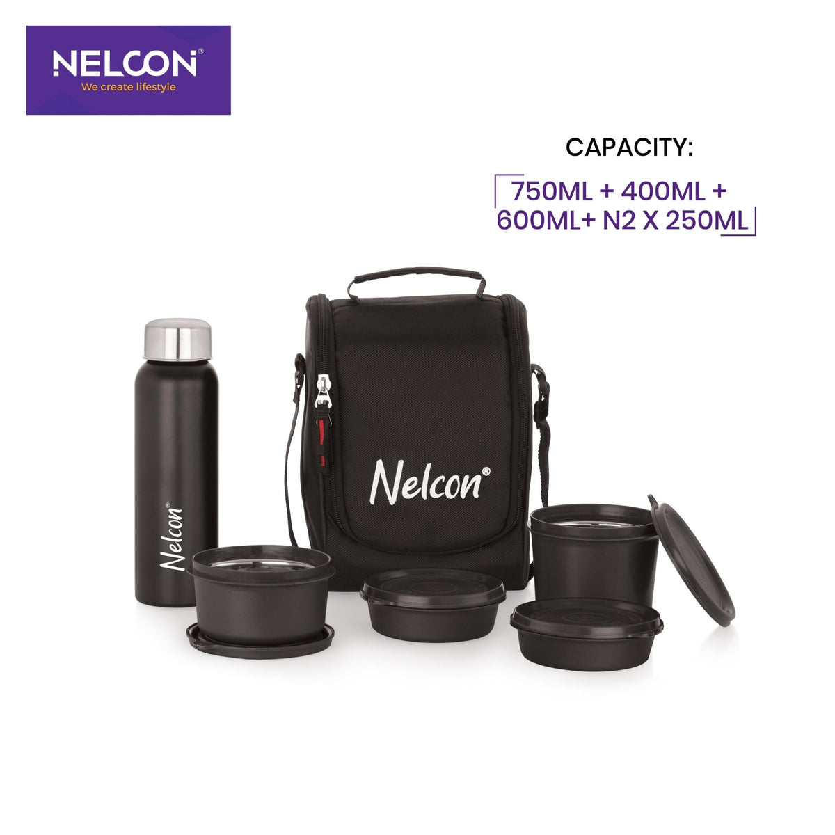 TitanPro 750ml Bottle & Lunch Bag with 4 Tiffins - NelconIndustries