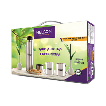 Nelcon Woody hi-tea gift set (1pc flask 1000ml + 2pc set sober ), 1000ml + 280ml x 2