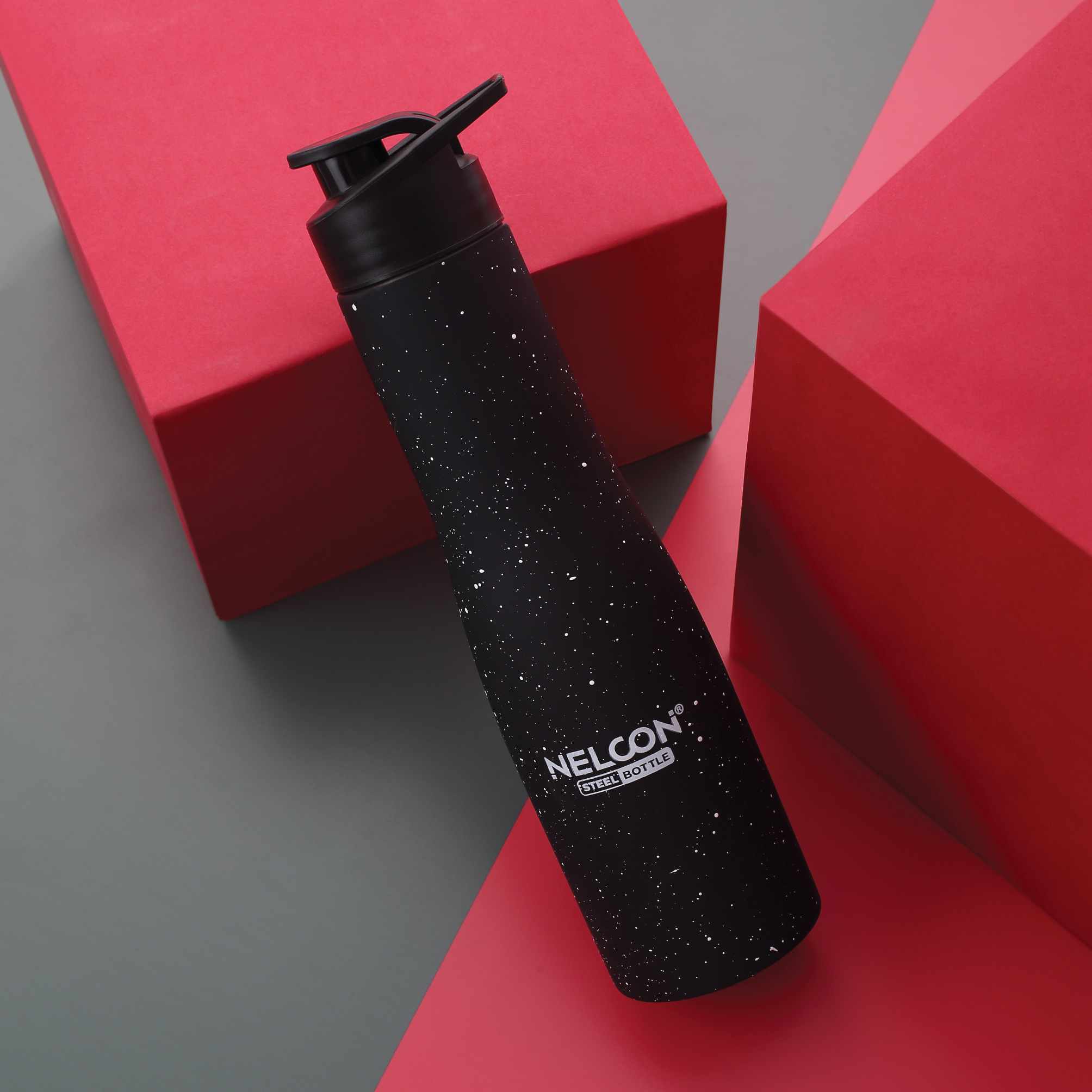 Nelcon Black white spatter water bottle stainless steel with sipper cap, 1000ml